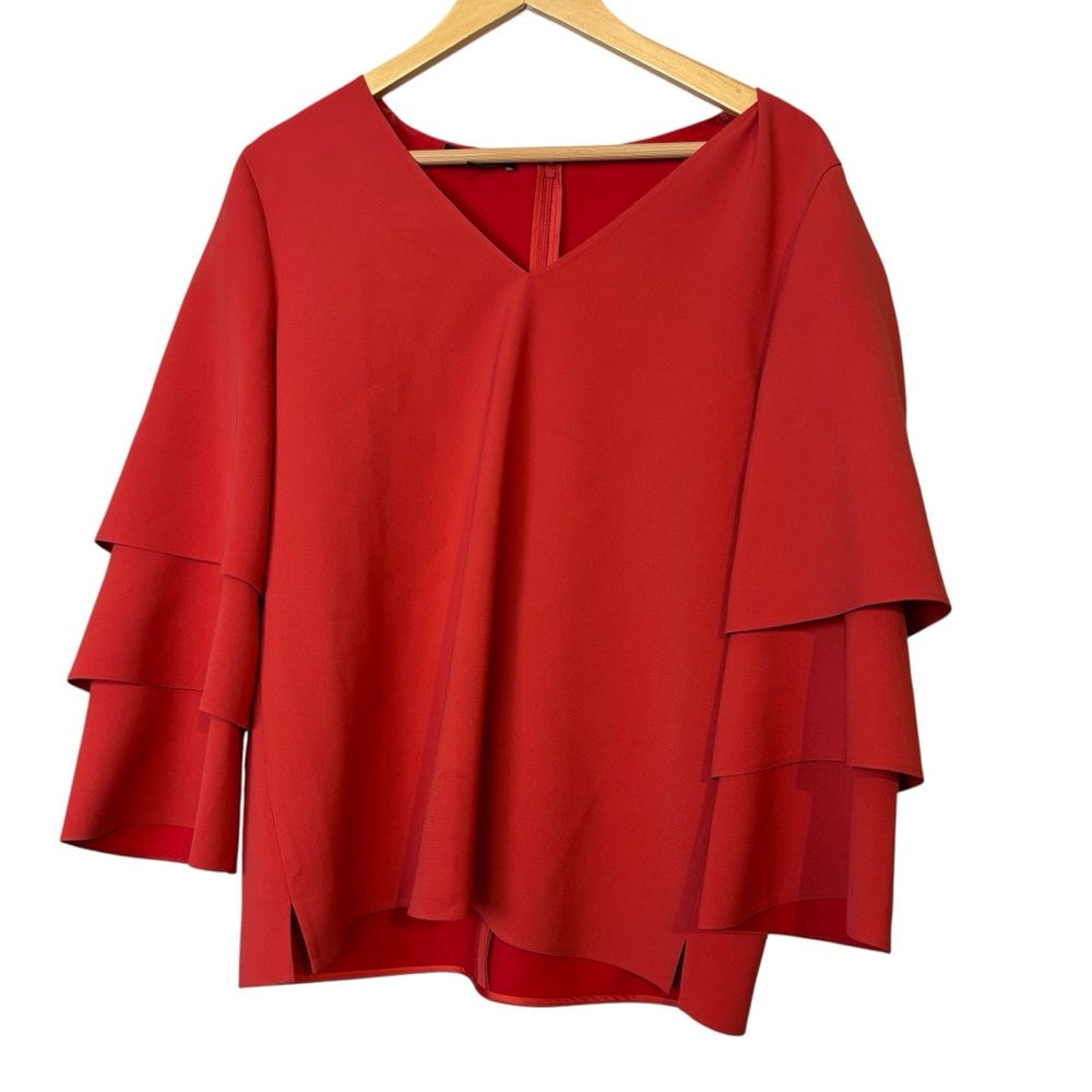 Lafayette 148 Velez Finesse Top Womens V-Neck Tiered 3/4 Sleeve Blouse Red L
